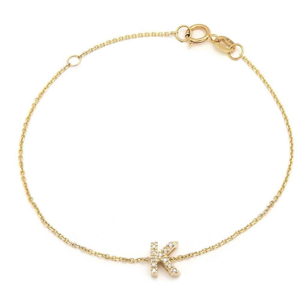 14K Real Yellow Gold Initial ”K” Single Prong Diamond Bracelet 7+1″